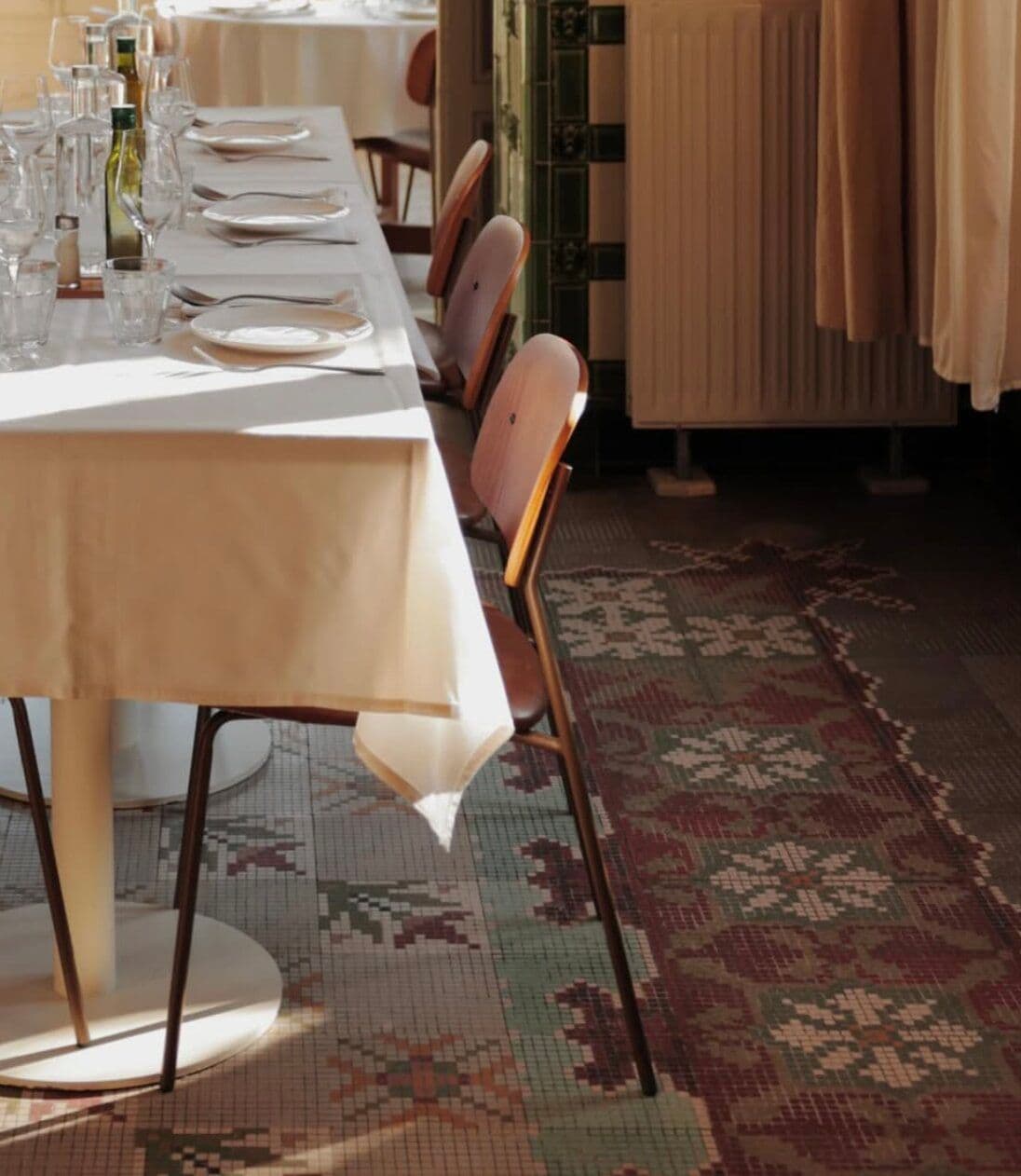 Tables set up in the farmhouse dining room